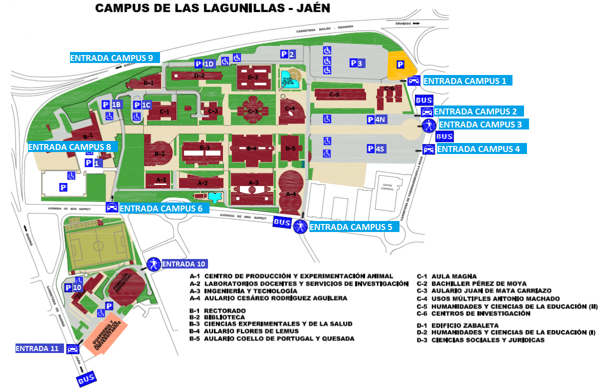 Plano del Campus de las Lagunillas con accesos y aparcamientos